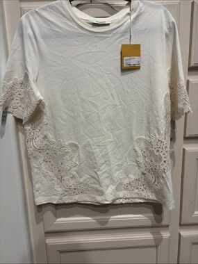 Nanushka Cream Short Sleeve Tee with Lace Appliqué